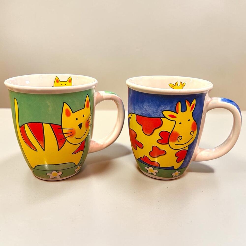 Vintage WCL Cat & Cow Coffee Mug Set Cute Whimsical Cartoon Ceramic Rare Pair